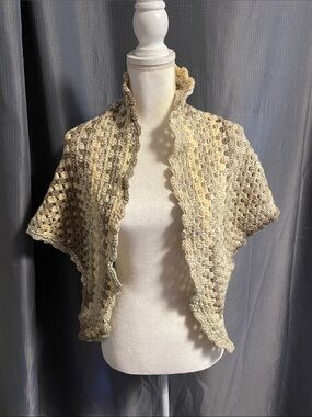New Handmade never worn Crochet Open-Front Shrug in Cream and Tan